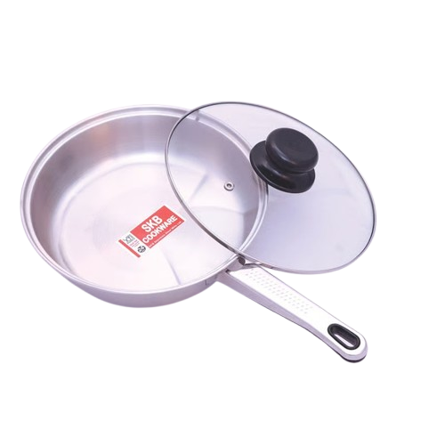 SKB Stainless Steel Frying Pan with Glass Lid and SS Handle-Silver