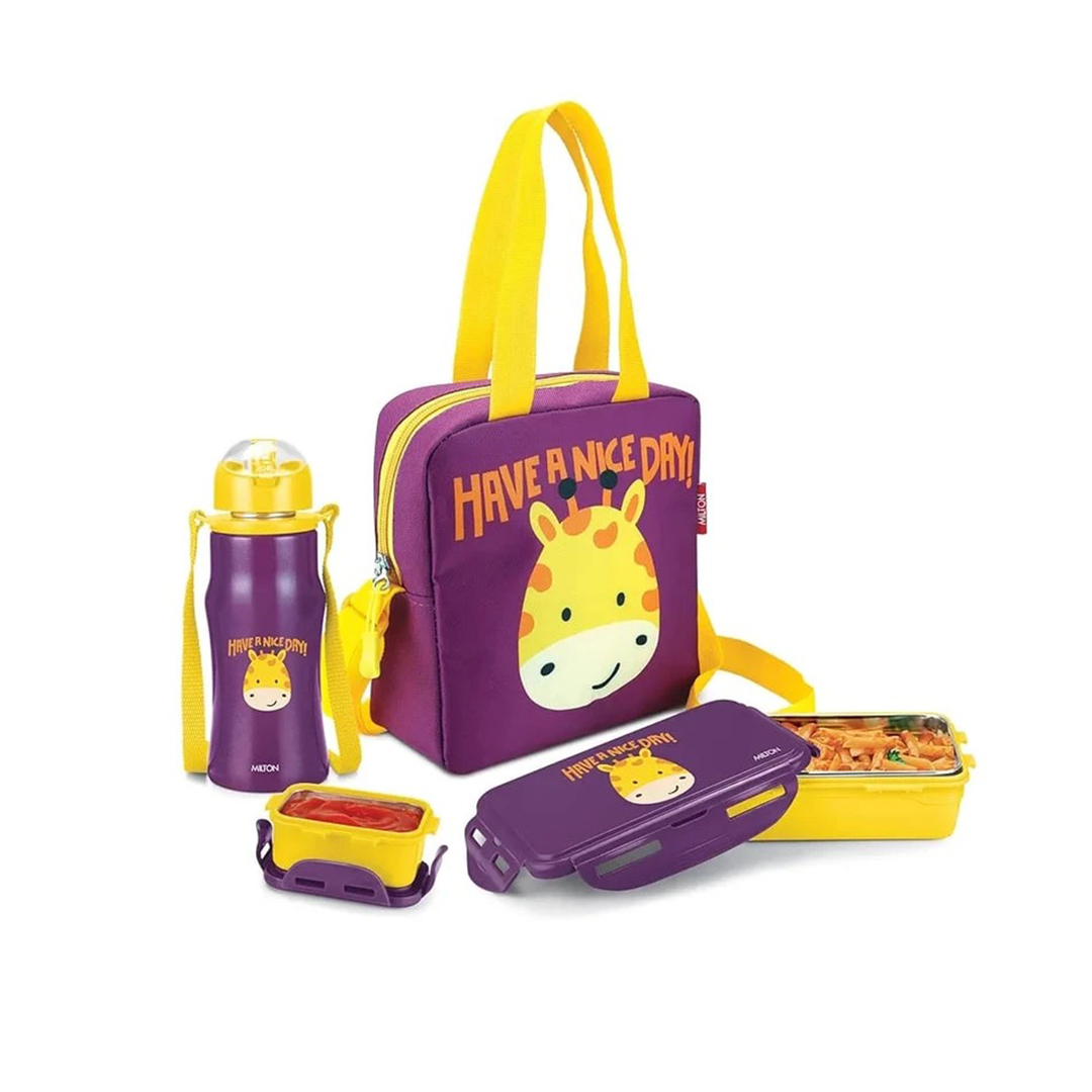 MILTON Kidz Combo Tiffin (2 Inner Steel Containers, 650 ml; 1 Stainless Steel Bottle, 415 ml) with Insulated Fabric Jacket, Odour Proof, Leak Proof, Easy to Carry, Food Grade