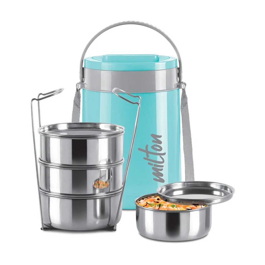 MILTON Classic Stainless Steel Tiffin With Lifter, 4 Container, 1200 ml|PU Insulated |Food Grade|Easy To Carry|Hot & Cold|Office| Outdoors