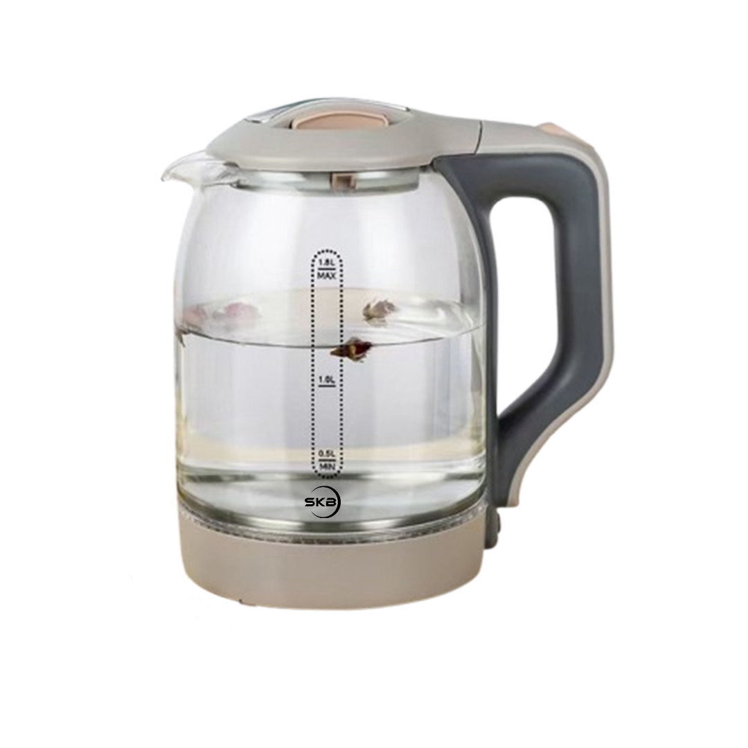 SKB 1.8 Ltr Kettle|1500W, 360-Degree Rotation Base with Safety Cut-Off| Transparent Glass Body, Perfect for Boiling Water, Milk, Tea| Overheat Protection, Dry Boil Protection