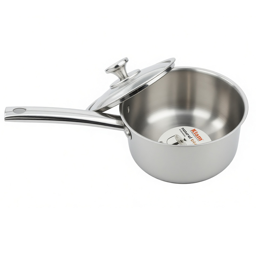 Kiam Stainless Steel Natural Tri-Ply Milk/Tea Pan With Glass Lid All Cooktops Compatible Non Toxic Sauce Pot with Stay Cool Handle & Dishwasher Safe