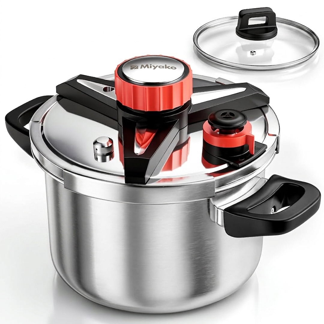 Miyako Stainless Steel Modern Design Premium Stovetop Pressure Cooker Both Induction & Gas Stovetop Compatible And Includes Glass Lid-APC-60F-6Ltr